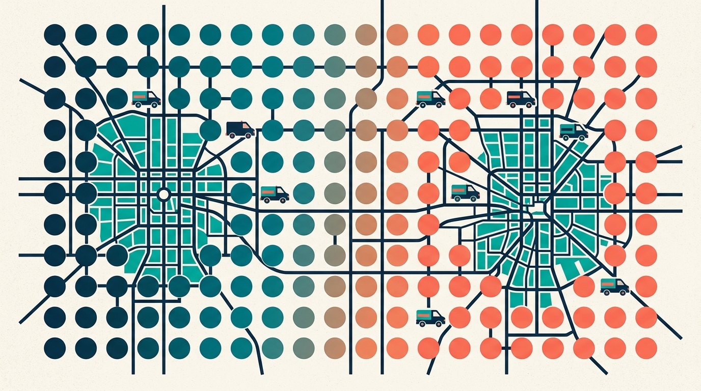 Map grid ranking report showing contractor map pack positions across Dallas Fort Worth ZIP codes