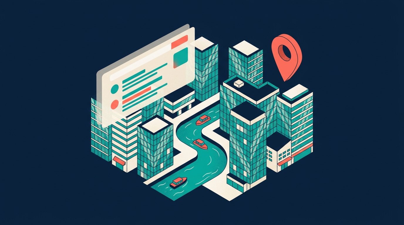 Las Colinas office towers in Irving Texas with a local SEO company comparison overlay
